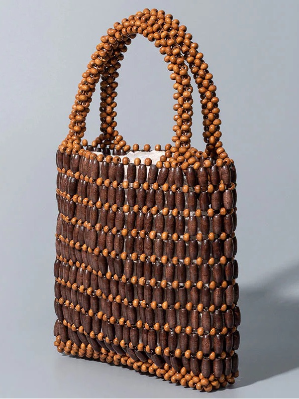 Asos Brown Tan Woven Beaded Wooden Hand Bag